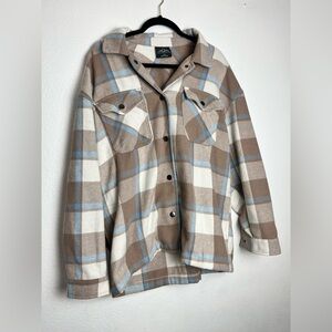 Oversized Plaid Button-Up Jacket - Brown and Blue
